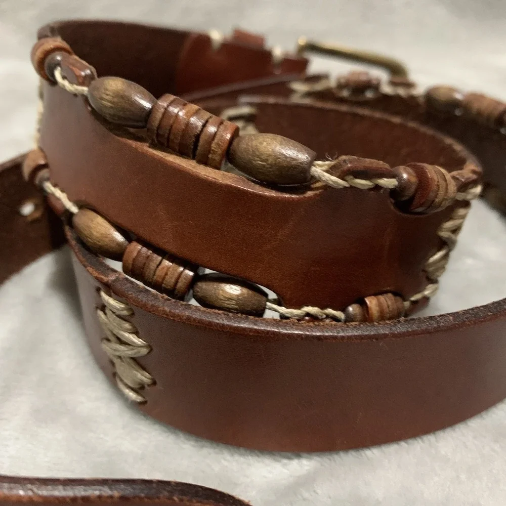 Vintage Omega Genuine Leather‎ Belt Large Brown Beaded & Stitched Made in Turkey